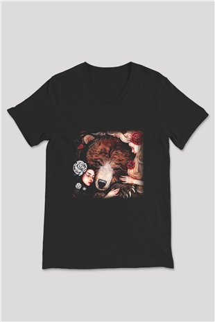 Ayı Siyah Unisex V Yaka Tişört T-Shirt