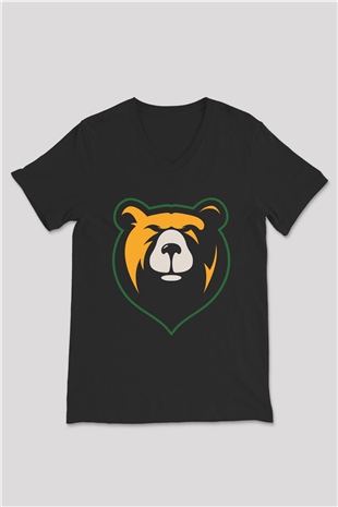 Ayı Siyah Unisex V Yaka Tişört T-Shirt
