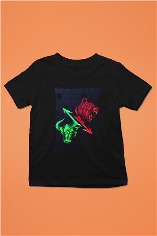 Ayı ve Boğa Baskılı Unisex Siyah  Çocuk Tişört