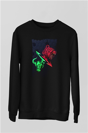 Ayı ve Boğa Baskılı Unisex Siyah  Sweatshirt