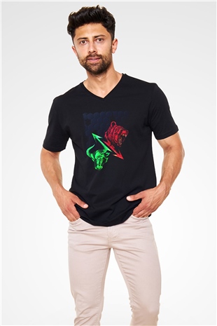 Ayı ve Boğa Baskılı Unisex Siyah  V Yaka Tişört