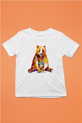 Ayı ve Yavrusu Baskılı Unisex Beyaz  Çocuk Tişört