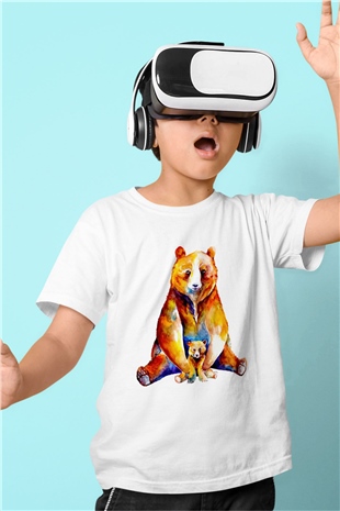 Ayı ve Yavrusu Baskılı Unisex Beyaz  Çocuk Tişört