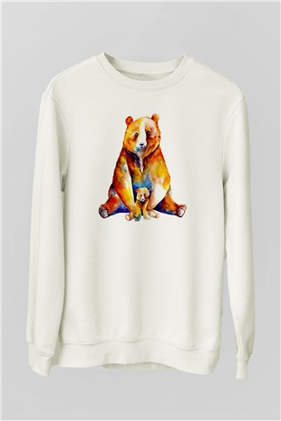 Ayı ve Yavrusu Baskılı Unisex Beyaz  Sweatshirt