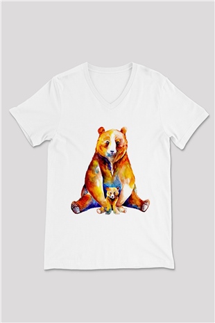 Ayı ve Yavrusu Baskılı Unisex Beyaz  V Yaka Tişört