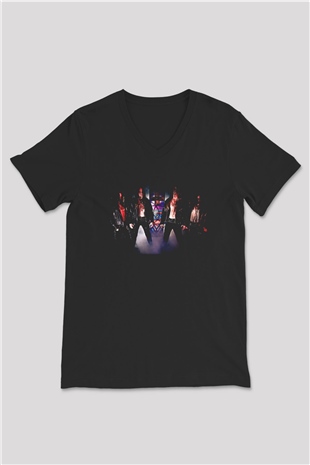 Azarath Baskılı Unisex Siyah V Yaka Tişört - Tshirt