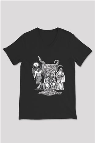 Azarath Baskılı Unisex Siyah V Yaka Tişört - Tshirt