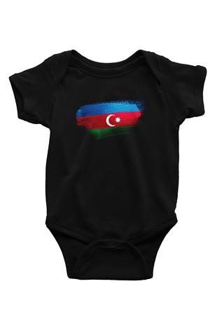 Azerbaycan - Azerbaijan Bayrağı Baskılı Unisex Siyah Bebek Body - Zıbın