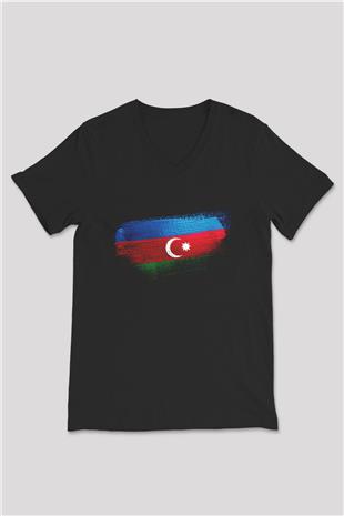 Azerbaycan - Azerbaijan Bayrağı Baskılı Unisex Siyah V Yaka Tişört