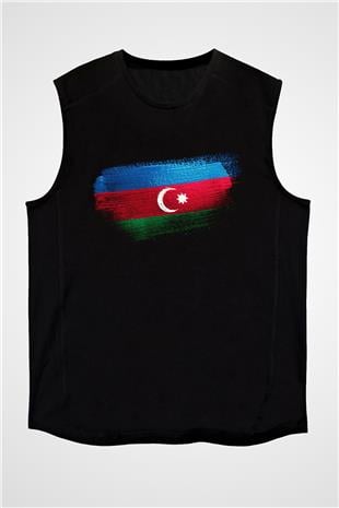 Azerbaycan - Azerbaijan Bayrağı Baskılı Unisex Siyah Kolsuz Tişört