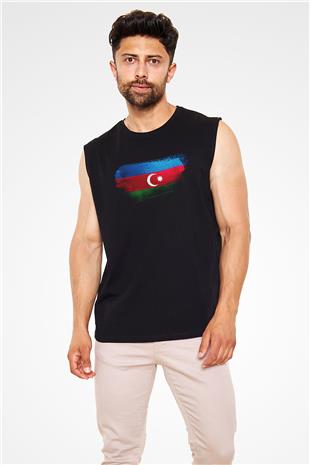 Azerbaycan - Azerbaijan Bayrağı Baskılı Unisex Siyah Kolsuz Tişört