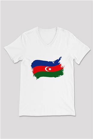 Azerbaycan Beyaz Unisex V Yaka Tişört T-Shirt