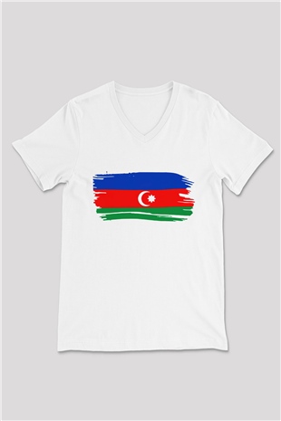 Azerbaycan Beyaz Unisex V Yaka Tişört T-Shirt