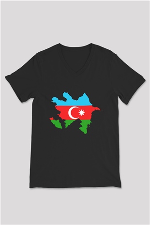 Azerbaycan Siyah Unisex V Yaka Tişört T-Shirt