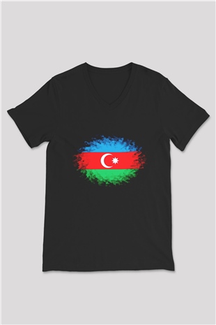 Azerbaycan Siyah Unisex V Yaka Tişört T-Shirt