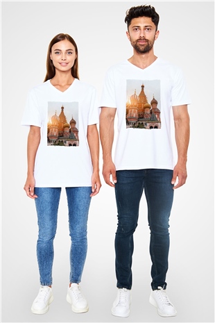 Aziz Vasil Katedrali Beyaz Unisex V Yaka Tişört
