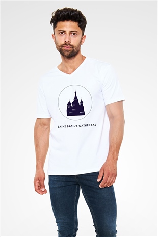 Aziz Vasil Katedrali Beyaz Unisex V Yaka Tişört