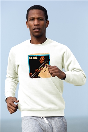B.B. King Baskılı Unisex Beyaz Sweatshirt