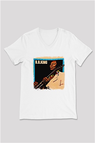 B.B. King Baskılı Unisex Beyaz V Yaka Tişört
