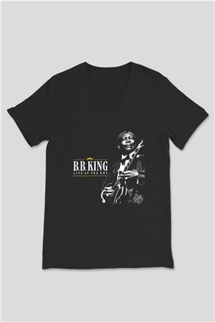 B.B. King Baskılı Unisex Siyah V Yaka Tişört