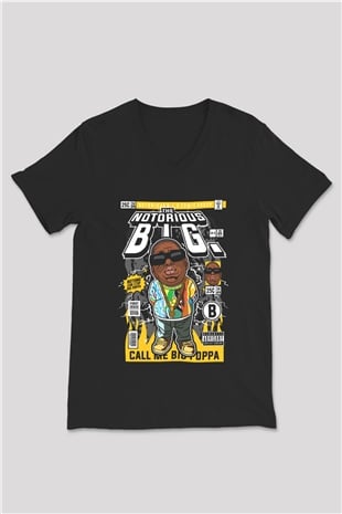 B.I.G Baskılı Unisex Siyah V Yaka Tişört