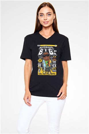B.I.G Baskılı Unisex Siyah V Yaka Tişört