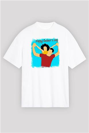 Babalar Günü Baskılı Beyaz Unisex Oversize Tişört - Tshirt