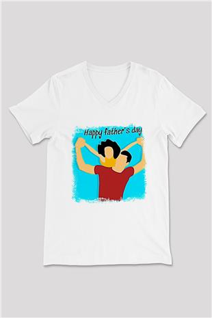 Babalar Günü Baskılı Beyaz Unisex V Yaka Tişört - Tshirt