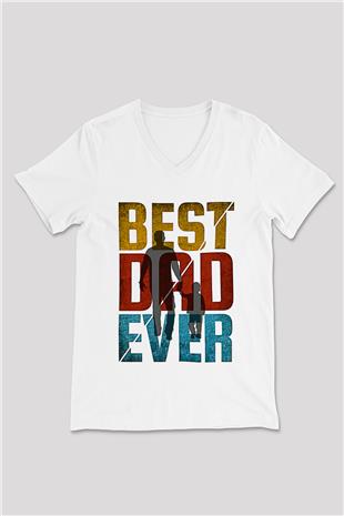 Babalar Günü Baskılı Beyaz Unisex V Yaka Tişört - Tshirt
