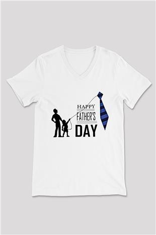 Babalar Günü Baskılı Beyaz Unisex V Yaka Tişört - Tshirt