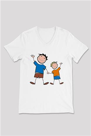Babalar Günü Baskılı Beyaz Unisex V Yaka Tişört - Tshirt