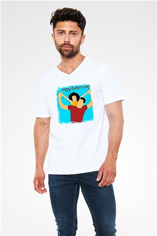 Babalar Günü Baskılı Beyaz Unisex V Yaka Tişört - Tshirt