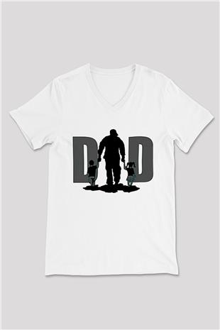 Babalar Günü Baskılı Beyaz Unisex V Yaka Tişört - Tshirt