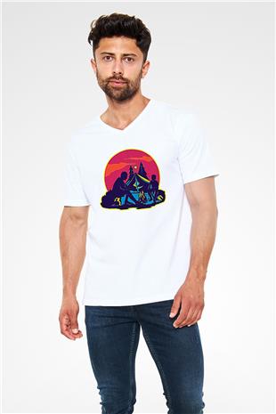 Babalar Günü Baskılı Beyaz Unisex V Yaka Tişört - Tshirt