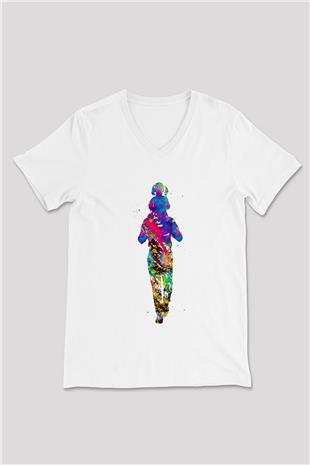 Babalar Günü Baskılı Beyaz Unisex V Yaka Tişört - Tshirt