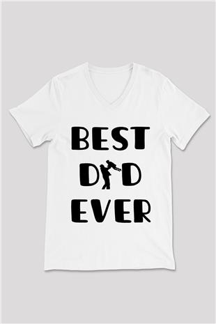 Babalar Günü Baskılı Beyaz Unisex V Yaka Tişört - Tshirt