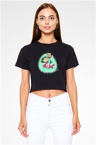 Babalar Günü Baskılı Siyah Crop Top Kadın Tişört - Tshirt