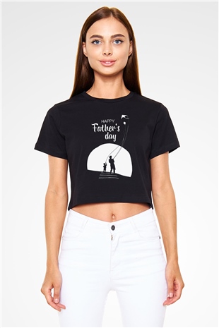 Babalar Günü Baskılı Siyah Crop Top Kadın Tişört - Tshirt