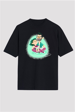 Babalar Günü Baskılı Unisex Siyah Oversize Tişört - Tshirt