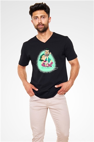 Babalar Günü Baskılı Unisex Siyah V Yaka Tişört - Tshirt