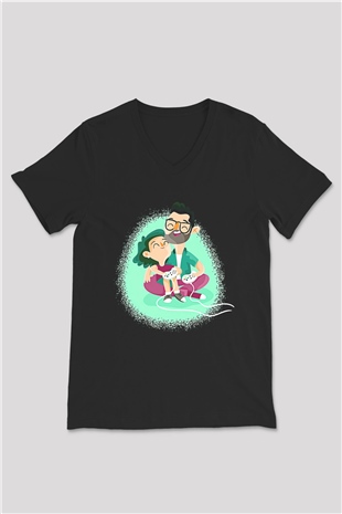 Babalar Günü Baskılı Unisex Siyah V Yaka Tişört - Tshirt