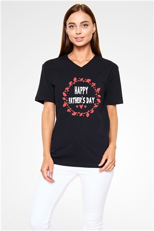 Babalar Günü Baskılı Unisex Siyah V Yaka Tişört - Tshirt
