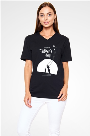 Babalar Günü Baskılı Unisex Siyah V Yaka Tişört - Tshirt