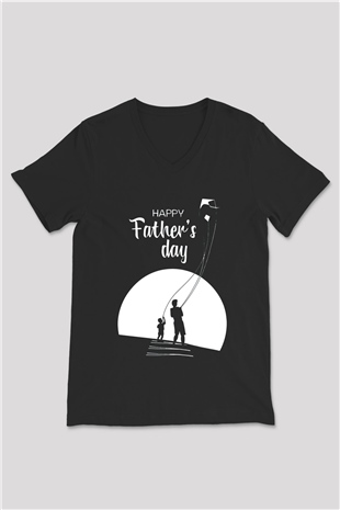 Babalar Günü Baskılı Unisex Siyah V Yaka Tişört - Tshirt