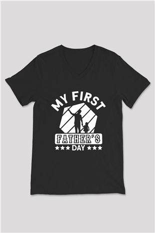 Babalar Günü Baskılı Unisex Siyah V Yaka Tişört - Tshirt