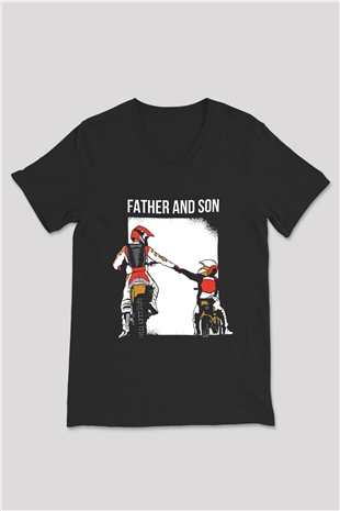 Babalar Günü Baskılı Unisex Siyah V Yaka Tişört - Tshirt
