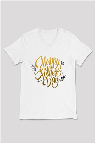 Babalar Günü Beyaz Unisex V Yaka Tişört T-Shirt