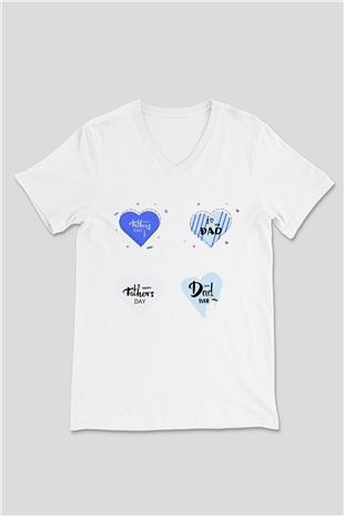 Babalar Günü Beyaz Unisex V Yaka Tişört T-Shirt