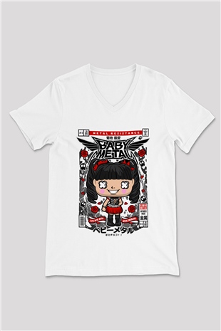 Baby Metal Baskılı Unisex Beyaz V Yaka Tişört