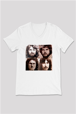 Bachman-Turner Overdrive Beyaz Unisex V Yaka Tişört T-Shirt